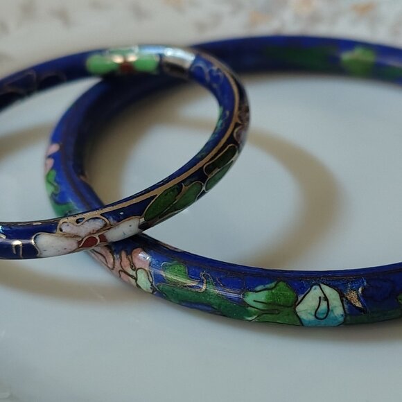Vtg Set Chinese BLUE COBALT Mommy & Me Baby CLOISONNE Flower BANGLE BRACELET - Picture 3 of 8